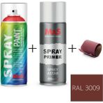 MxS Sprey+Astar Özel Yapım Akrilik Sprey Boya Seti 400 ml (Araba-Metal-Plastik-Ahşap) + Zımpara - RAL-3009 KIRMIZI OKSİT