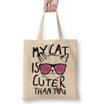 My Cat Is Cuter Than You Kedi Bez Çanta Uzun Saplı - Açık Bej - 40 X 40