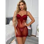 My Cherie Dantel ve Transparan Puantiye Tül Detaylı Askılı Mini Gecelik Külot Takım - 2XL - 3XL - Kırmızı