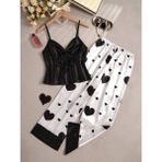 my cherie Kalp Baskılı Yumuşak Saten Pijama Takım - 01-Siyah - S - M