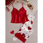 my cherie Kalp Baskılı Yumuşak Saten Pijama Takım - Alev Kırmızı - 4XL