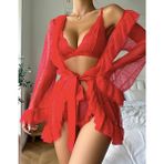 my cherie Puantiye Fırfırlı Tüllü Dantel Kimono Külot Sütyen Takım Seksi Gecelik - Kırmızı - 2XL - 3XL