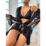 my cherie Puantiye Fırfırlı Tüllü Dantel Kimono Külot Sütyen Takım Seksi Gecelik - Siyah - 4XL