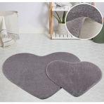 My Evilla Modern Dekoratif Halı Jel Kaymaz Taban Peluş Puffy Kalp Model Gri Paspas Takımı 70X100 CM-70X60 cm