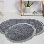 My Evilla Modern Dekoratif Jel Kaymaz Taban Peluş Gri Desenli Saçaklı Oval 50x80 Paspas Takımı