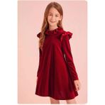 My Kids Wear Fırfır Detaylı Kadife Elbise Kız Çocuklar İçin Özel Tasarım Zarif Stil - 5 - 6 Yaş - Renkli