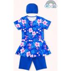 My Kids Wear Kız Çocuk Desenli Şortlu Bone’li Mayo Takımı 12570 - Mavi - 11 - 12 Yaş