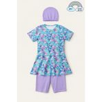 My Kids Wear Kız Çocuk Desenli Şortlu Bone’li Mayo Takımı 12574 - Lila - 13 - 14 Yaş