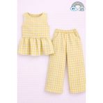 My Kids Wear Kız Çocuk Pötikareli Peplum Bluz ve Pantolon Takımı 12690 - Sarı - 9 - 10 Yaş