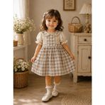 My Lusa Baby Kız Çocuk ve Bebe Vintage Ekoseli %100 Pamuklu Dantel Yakalı Elbise - 12 Ay - Kahverengi