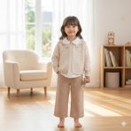 My Lusa Baby Özel Seri – Kurdele Nakış Detaylı Triko Hırka,gömlek ve Geniş Kesim Pantolon 3'lü Özel Kombin - Pudra - 2 Yaş