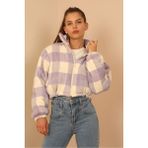Mya Ekose Desenli Fermuarlı Oduncu Crop Mont - Açık Mor - XL