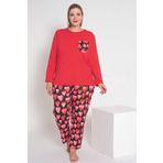 MyBen Kadın Kırmızı Renkli Kalp Desenli Uzun Kollu Pijama Takımı B-53
