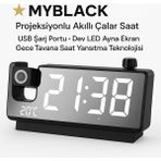Myblack Projeksiyon Çalar Saat USB Şarj Portlu LED Dijital Saat Büyük LED Ekran 180° Dönebilen Projektör - Siyah