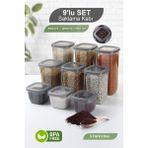Mybox 9 Parça Kare Erzak Saklama Kabı Seti - Bakliyat Saklama Kutusu Baharatlık Çerezlik 550-1200-1750 ml - Antrasit