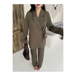MYGİYİMİSTANBUL Blazer Ceket Bol Paça Pantolon Takım Beline bağlanmış geniş bir kumaş kemerle