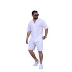 MYRAB DENİM Beyaz Renk Gömlek Şort Erkek Keten Takım Oversize Kalıp M