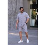 MYRAB DENİM Gri Renk Gömlek Şort Erkek Keten Takım Oversize Kalıp XL
