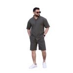 MYRAB DENİM Koyu Haki Renk Gömlek Şort Erkek Keten Takım Oversize Kalıp M