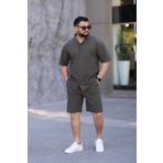 MYRAB DENİM Koyu Haki Renk Gömlek Şort Erkek Keten Takım Oversize Kalıp