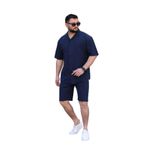 MYRAB DENİM Lacivert Renk Gömlek Şort Erkek Keten Takım Oversize Kalıp M