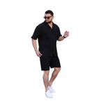 MYRAB DENİM Siyah Renk Gömlek Şort Erkek Keten Takım Oversize Kalıp M