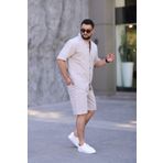 MYRAB DENİM Taş Renk Gömlek Şort Erkek Keten Takım Oversize Kalıp M