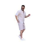 MYRAB DENİM Taş Renk Gömlek Şort Erkek Keten Takım Oversize Kalıp S