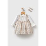 Myroka Kız Bebek Mevsimlik Çiçek Desen Elbise Ekru - 001-Krem - 6 - 9 Ay
