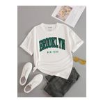 Mythologie Brooklyn New York T-Shirt - Beyaz Baskılı Oversize Bisiklet Yaka Kısa Kol