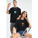 Mythologie Gumball T-Shirt İkili Çift Sevgili Kombin 2 Adet - Siyah, Baskılı, Oversize, Bisiklet Yaka