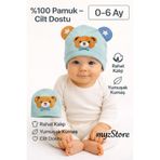 MYZİ STORE 0-12 Ay Ayıcık Aplikeli Kulaklı Aksesuarlı Bebek Bere Şapka, Yıldız Detaylı, Yumuşak Dokulu Unisex Turkuaz 0-12 Ay