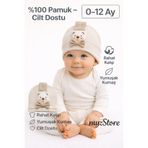 MYZİ STORE 0-12 Ay Oyuncak Ayılı Fiyonk Detaylı Bebek Bere Şapka, Yumuşak%100 Pamuk Unisex, Esnek Rahat Krem 0-12 Ay