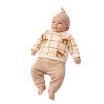 MYZİ STORE 3'lü Bebek Takım Ayı Desenli Ekru Sweatshirt + Haki Pantolon + Düğümlü Şapka Unisex%100 Pamuk Açık Kahverengi 6-9