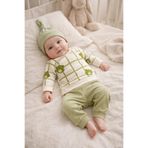 MYZİ STORE 3'lü Bebek Takım Ayı Desenli Ekru Sweatshirt + Haki Pantolon + Düğümlü Şapka Unisex%100 Pamuk Yeşil 6-9