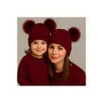 MYZİ STORE Anne Kız Kombin Bere – Çift Ponponlu Örgü Şapka (2’li Set) Bordo Tek Ebat