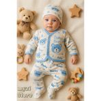 MYZİ STORE Bebek Ayıcıklı Kendinden Eldivensiz Yenidoğan Hastane Çıkışı 3 Lü Zıbın Seti Yk5875 MAVİ 0-3 AY