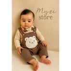 MYZİ STORE Bebek Erkek 2'li Tulum Takımı - Üst Giyim ve Ayı Nakışlı Salopet Kahverengi 9-12 Ay