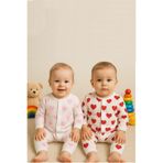 MYZİ STORE Bebek Organik%100 Pamuk Unisex Kalp Desenli Tulum Takımı Seti 2’li Kırmızı-Pembe 0-3 AY