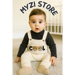 MYZİ STORE Erkek Bebek Pamuklu 2’li Takım – Ayıcık Detaylı Uzun Kollu Tişört ve Salopet Bej Füme 24