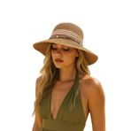 MYZİ STORE Kadın Yazlık Geniş Kenarlı Hasır Plaj Şapkası (BEDEN AYARLANABİLİYOR) Krem Şeritli Geniş Camel Standart