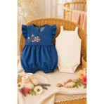MYZİ STORE Kız Bebek Kot Tulum Nakışlı Fırfır Kollu ve Delikli İnce Askılı Body Yazlık Şık Rahat Pamuklu