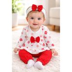 MYZİ STORE Kız Bebek%100 Pamuk 3'lü Takım Çiçek Desenli Fırfırlı Tunik + Pembe Pantolon + Fiyonklu Saç Bandı Kırmızı 6-9