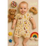 MYZİ STORE Yenidoğan Bebek%100 Pamuk Hayvan Desenli Yazlık Tulum Bej Desenli 6-9 AY
