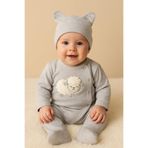 MYZİ STORE%100 Pamuk 3'lü Hastane Çıkışı 0-3 Ay Patikli Alt Uzun Kollu Kendinden Eldivenli Üst Kulaklı Şapka Gri 0-3 AY