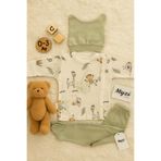 MYZİ STORE%100 Pamuk 3'lü Hastane Çıkışı 0-3 Ay Patikli Alt Uzun Kollu Kendinden Eldivenli Üst Kulaklı Şapka Haki Maymun 0-3 AY