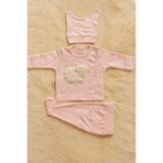 MYZİ STORE%100 Pamuk 3'lü Hastane Çıkışı 0-3 Ay Patikli Alt Uzun Kollu Kendinden Eldivenli Üst Kulaklı Şapka Pembe Kuzu 0-3 AY