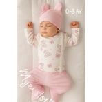 MYZİ STORE%100 Pamuk 3'lü Hastane Çıkışı 0-3 Ay Patikli Alt Uzun Kollu Kendinden Eldivenli Üst Kulaklı Şapka Pembe Yeni Doğan