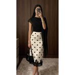Mzr Collection KADIN SATEN BEYAZ PUANTİYELİ SİYAH DANTEL DETAYLI LASTİKLİ ASTARLI ETEK