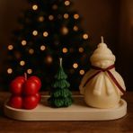 N-E Studio Premium Yılbaşı 4'lü Mum Seti | Kardan Adam, Çam Ağacı Bubble Mum Taş Tabak | Yeni Yıl Hediyelik - Set 1